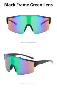 Detail view of black semi-rimless cycling sunglasses with colorful green gradient lenses