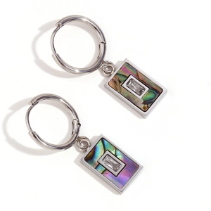 Modern rectangular earrings with silver finish, natural abalone shell, and zircon center