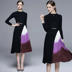 Robe En Maille Élégante Pour Femmes À Manches Longues Col Rond Jupe Midi Plissée Dégradée Avec Ceinture
