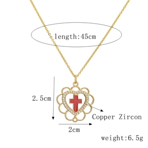 Detailed size chart for heart cross pendant necklace with 45cm chain and zircon inlay
