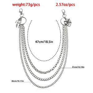 Silver multi-layer pants chain with skull hand and heart lock charms showing 73g weight