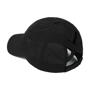 Detail of black ponytail baseball cap with breathable mesh and elastic cross bands