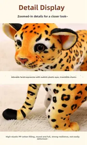 Detailed view of plush leopard toy showing soft synthetic fur and realistic plastic eyes
