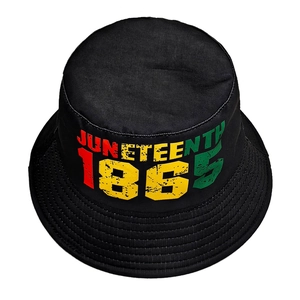 Classic black Juneteenth 1865 printed bucket hat with retro distressed colorful text