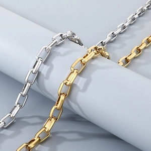 Detailed view of silver and gold stainless steel paperclip chain links on display