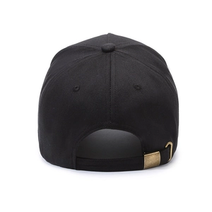 Rear view of black cotton baseball cap showing adjustable strap and metal buckle