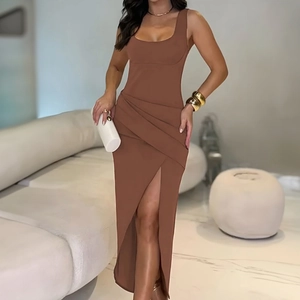 Detail of a brown square neck sleeveless maxi dress with waist pleats and a high slit