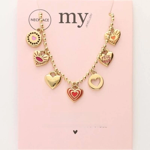 Gold stainless steel ball chain necklace featuring multi-heart candy pendants with 18K plating