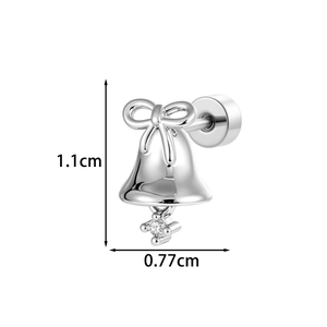 Christmas bow bell stud earring with diamond dangle and size dimensions 1.1cm by 0.77cm