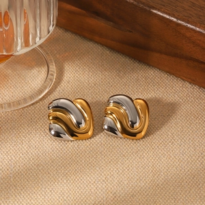 Bicolor geometric wavy stainless steel stud earrings with polished mirror finish