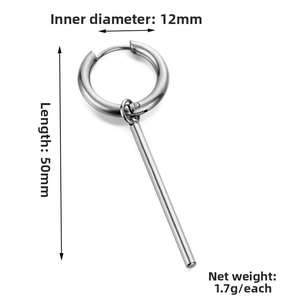 Detail view of 50mm long silver cross bar drop earrings with 12mm inner ring diameter