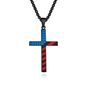 Stainless steel cross necklace with American flag design and black metal chain links