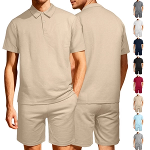 Set Polo E Pantaloncini Da Uomo Maglia A Nido D'Ape Tinta Unita Manica Corta Risvolto Bottone Casual Estate Vacanza