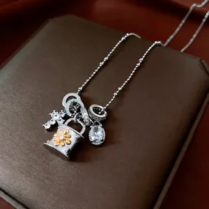 Cross Zircon Pendant Necklace Copper Bead Chain Two-Tone Retro French Style Multi-Pendant Adjustable Jewelry For Women