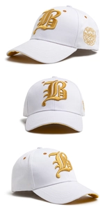 Detailed views of white cotton baseball cap with gold 3D embroidery and side patches