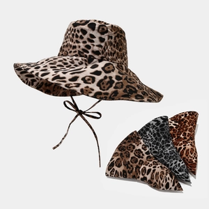 Leopard Print Bucket Hat Wide Brim Sun Protection Foldable Polyester Vintage Streetwear Style Women With Windproof Rope