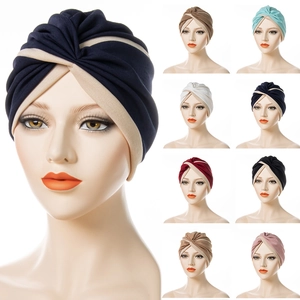 Women Two Tone Turban Hat Twist Pleated Headwrap Polyester Breathable Muslim Headwear Indian Style Soft Elastic Fashion
