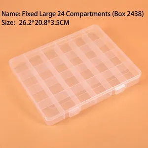 Detailed 45-degree view of a 24-compartment clear plastic organizer box with latches