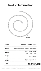 Detail view of 2mm S925 sterling silver moissanite tennis necklace with product specifications