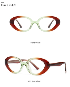 Detailed views of tea green gradient cat-eye sunglasses in retro oval frame style