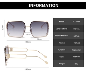 Detailed dimension guide for square punk sunglasses featuring metal rivets and gradient lenses