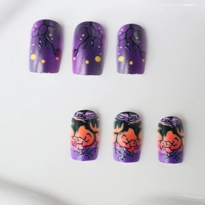Long square Halloween press-on nails featuring purple forest and pumpkin lantern designs