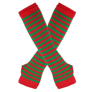 Detail view of red and green striped knitted arm warmers in a cross position