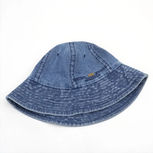 Washed navy blue denim bucket hat for women with JHMY patch and parallel brim stitching