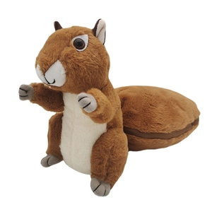 Cute plush squirrel toy in brown and beige with a fluffy zipper tail on white background