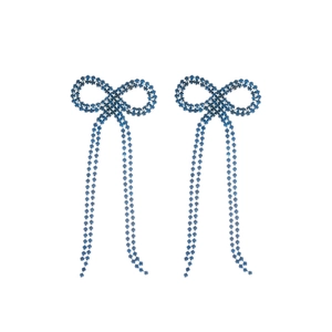 Exquisite blue crystal bowknot earrings with elegant long tassels in silver needles