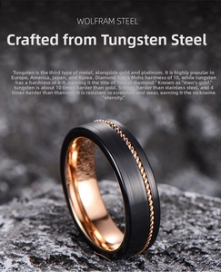 Macro detail of brushed black tungsten ring with rose gold cable inlay on dark rock