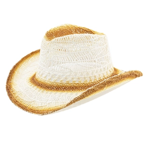 Close-up of breathable hollow-out weave and gradient brown brim on western straw hat