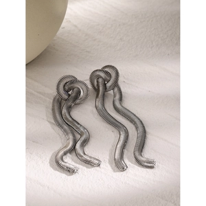 Macro view of silver-tone stainless steel snake chain tassel earrings with linear texture