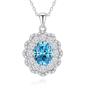 Elegant S925 silver necklace with floral pendant featuring blue and clear gemstones