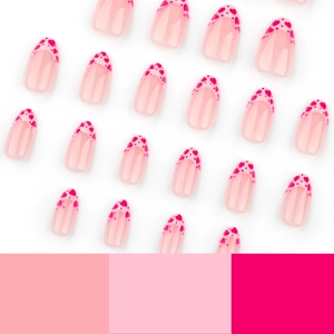 Unghie press-on rosa stile francese con cuori, forma a mandorla corta per San Valentino