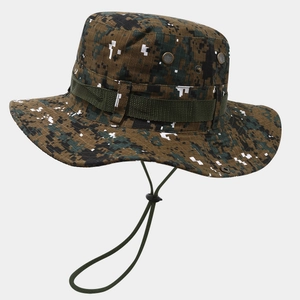 Close-up of jungle camo boonie hat featuring tactical webbing and adjustable chin strap