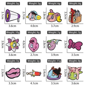 Cartoon enamel pin set with colorful megaphone and heart designs in 12 unique styles