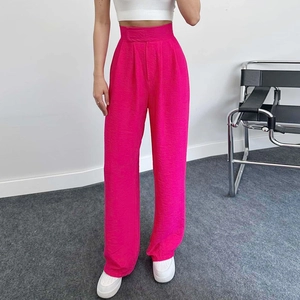 Pantalon taille haute à jambes larges rose fuchsia avec texture plissée et coupe ample