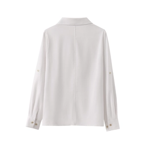 Back view of white linen-blend long-sleeve shirt with casual rolled cuffs and classic collar