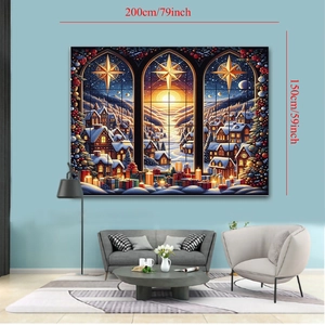 Winter Christmas tapestry detail showing window scenery with 200x150cm size dimensions