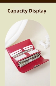 Detail view of large capacity dark red tri-fold wallet with multi-card slots and coin pocket