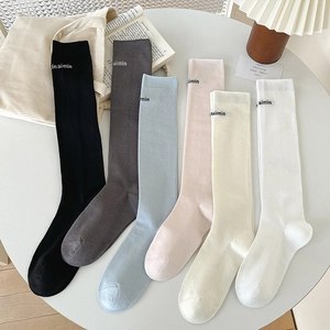 Women Cotton Knit Calf High Socks Japanese Style Letter Print Elastic Breathable Casual Preppy Hosiery
