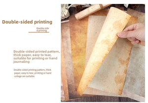 Macro detail of double-sided vintage decorative paper for DIY journaling on wooden background