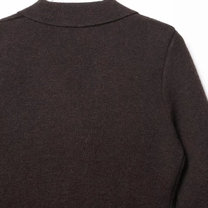 Close-up of deep brown knitted blazer showing wool texture and notched lapel detail