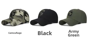 Tactical baseball caps in camo, black, and army green with eagle shield patches