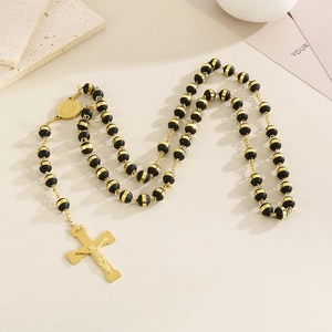 Collier Chapelet Religieux Catholique Acier Inoxydable Plaqué Or 18K Perles Pendentif Croix Crucifix Chaîne Longue Bijoux