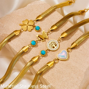 Gold Plated Stainless Steel Snake Chain Bracelet Women Turquoise Tree Of Life Butterfly Heart Clover Charm Jewelry