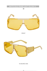 Front and 45-degree side views of matte gold punk sunglasses with light yellow lenses