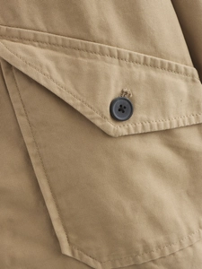 Detailed macro view of khaki canvas jacket featuring pocket stitching and a black button