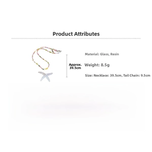 Detail of beaded necklace with glass starfish pendant showing dimensions and measurements